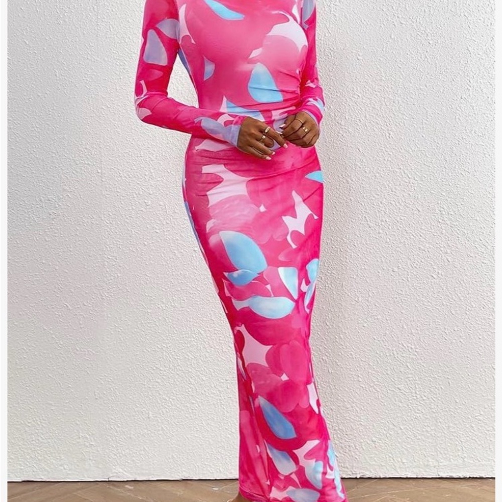 Pink & Blue Long Sleeve Bodycon Maxi Dress - Picture 8 of 9